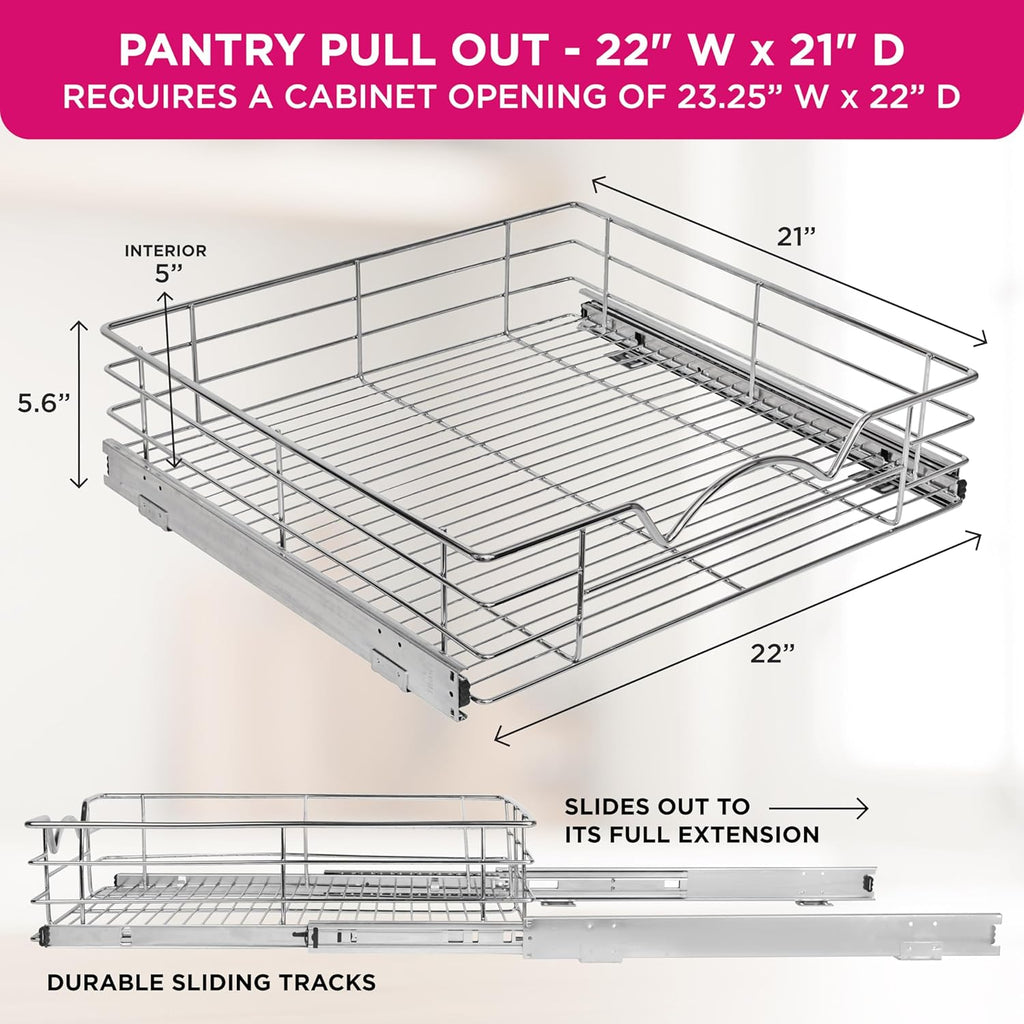 HOLDN’ STORAGE Heavy-Duty Premium Collection Pull Out Cabinet Organizer, Cabinet Drawer Slide Outs, Lifetime Limited Warranty - Basket Size 22" W x 21" D x 5" H, Anti-Rust Chrome Finish