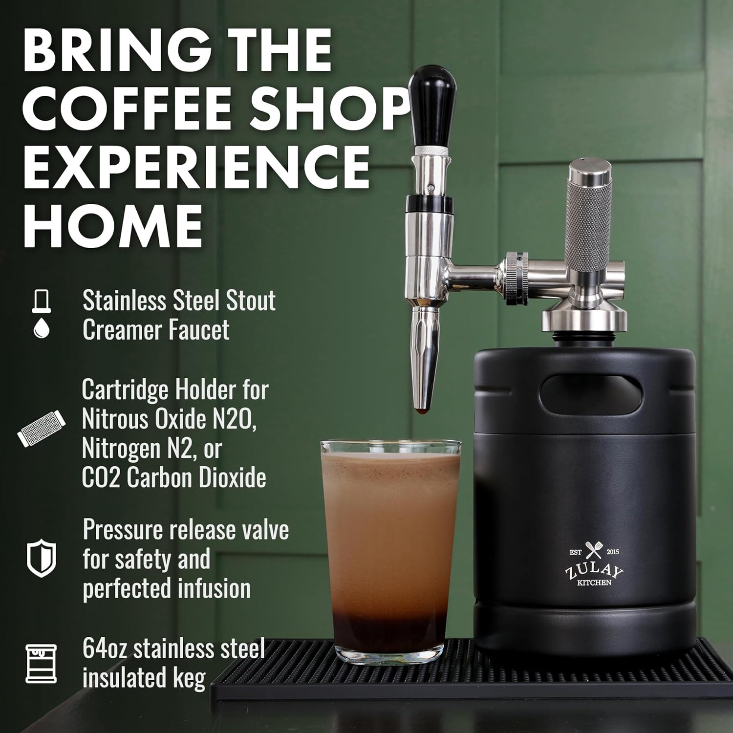 Zulay Nitro Cold Brew Maker - Nitro Cold Brew Keg with Pressure Relieving Valve & Creamer Faucet - Gift for Coffee Lovers - Nitro Cold Brew Coffee Maker for Home - Collapsible Funnel & Drip Mat
