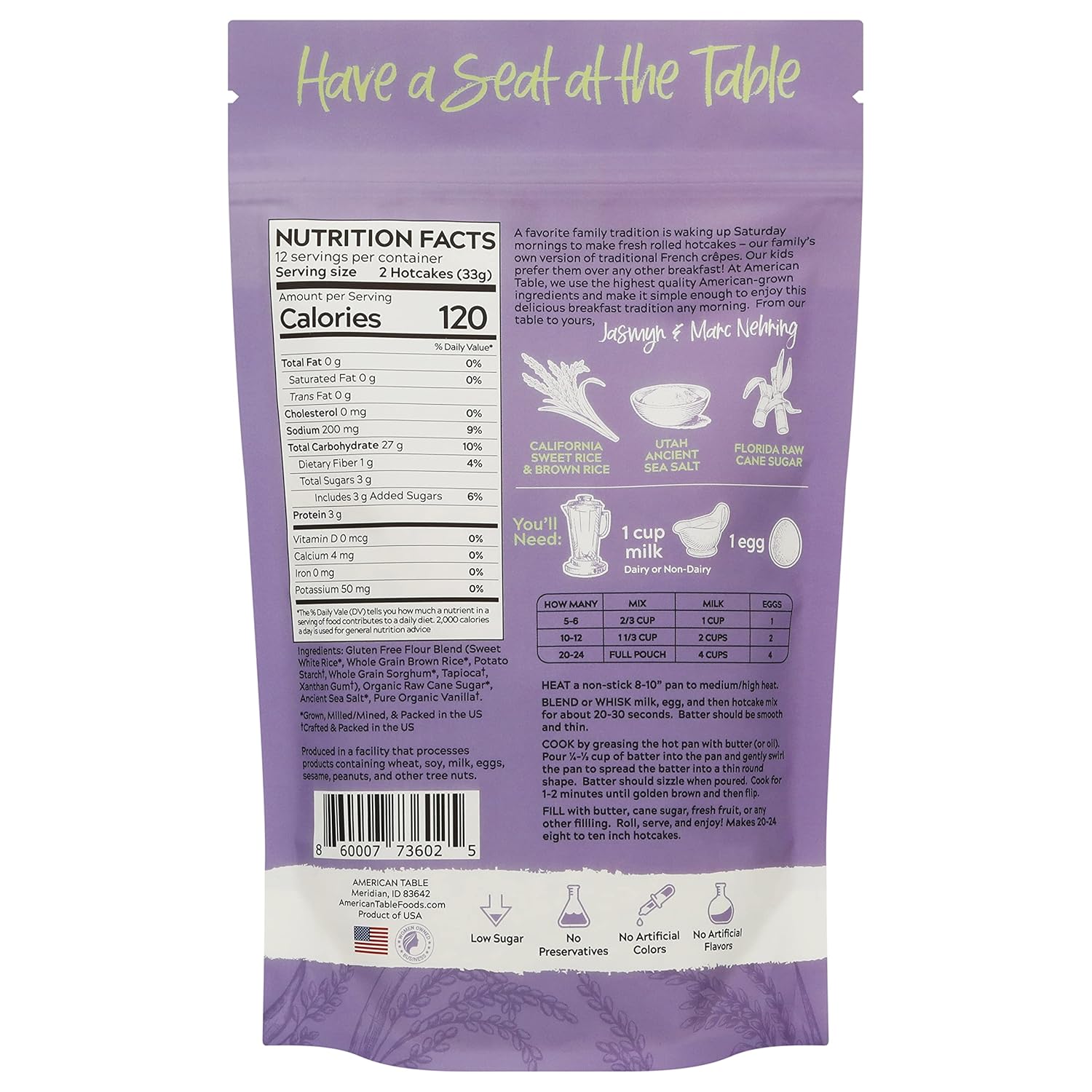 Gluten Free Rolled Hotcakes Crepe Mix by American Table, Made with American-Grown Ingredients & Pure Vanilla, French-Style, Non-GMO, Low Sugar, No Preservatives, Makes 24 Crepes (14 oz, Pack of 1)