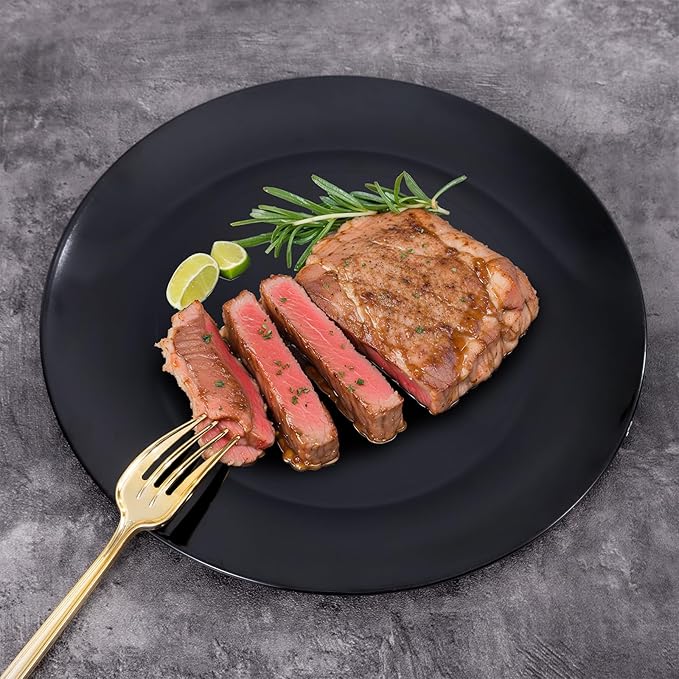 PULOTE 200PCS Black Plastic Plates - Heavy Duty Black Disposable Include 100 Each (10 inch Dinner & 7 inch Dessert) Plates, Disposable for Party, Birthday & New Year