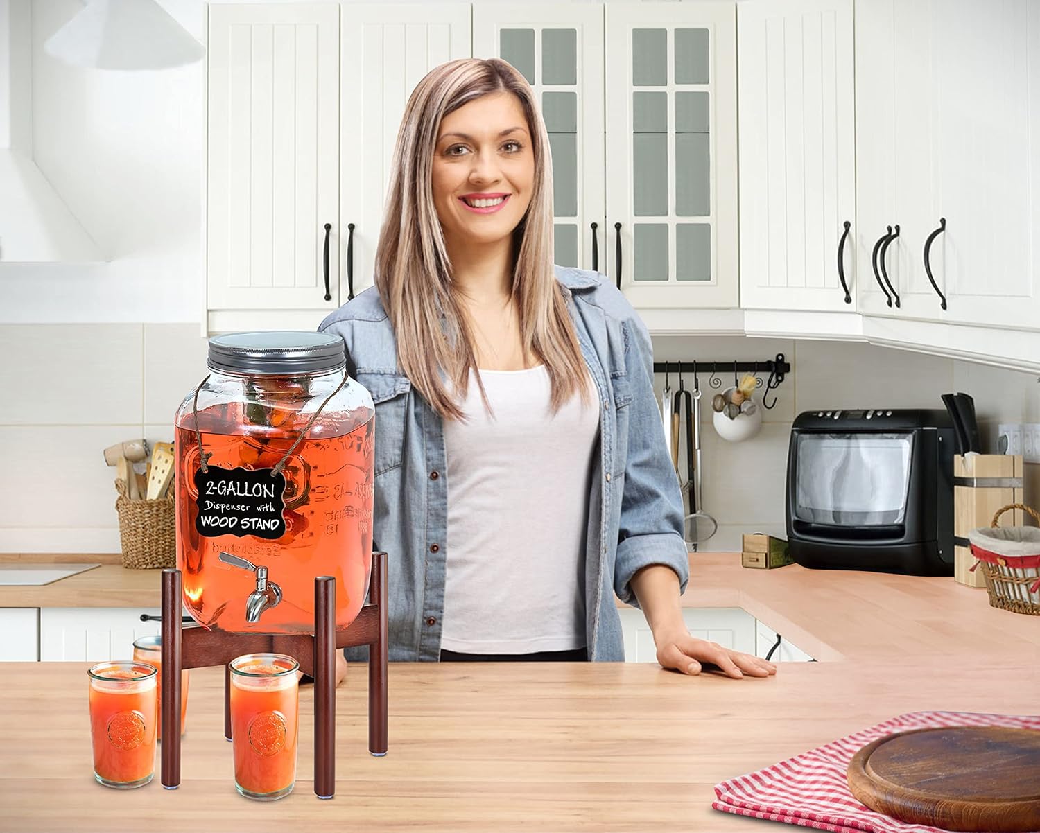 Drink Dispenser Stand - Ideal for Drinks Beverages Water Lemonades and Juices - Adjustable, fits Various Sizes of Glass Plastic and Ceramic Dispensers [1-2 Gallon cap] - Dark Wood