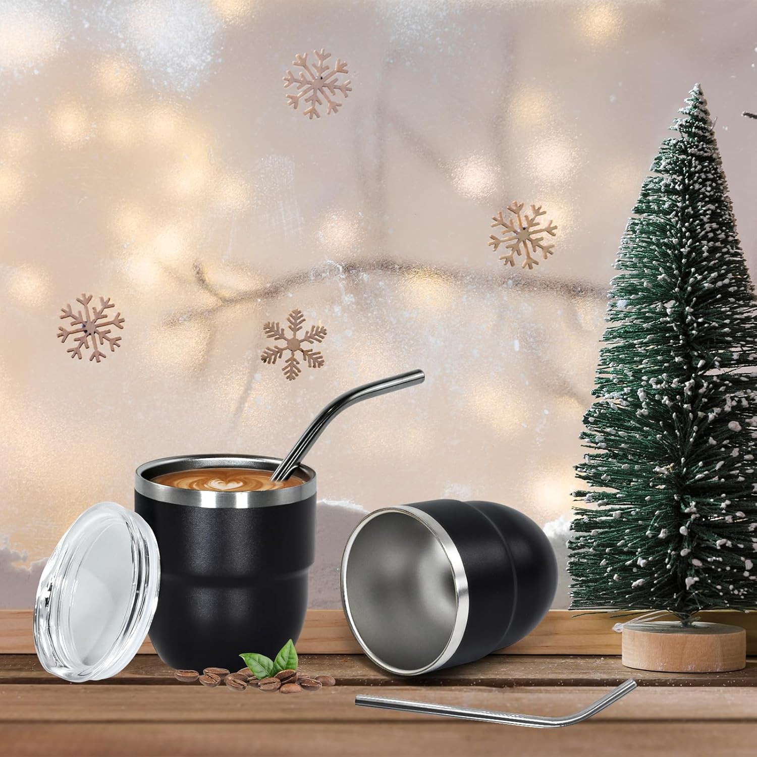 4oz Stackable Cup, Vacuum Insulated Espresso Cup Set of 2, Espresso Shot Glass for Coffee, Double Wall Stainless Steel Mini Tumbler Shot Glasses with Straw and Lid (A-black2P, 4oz)