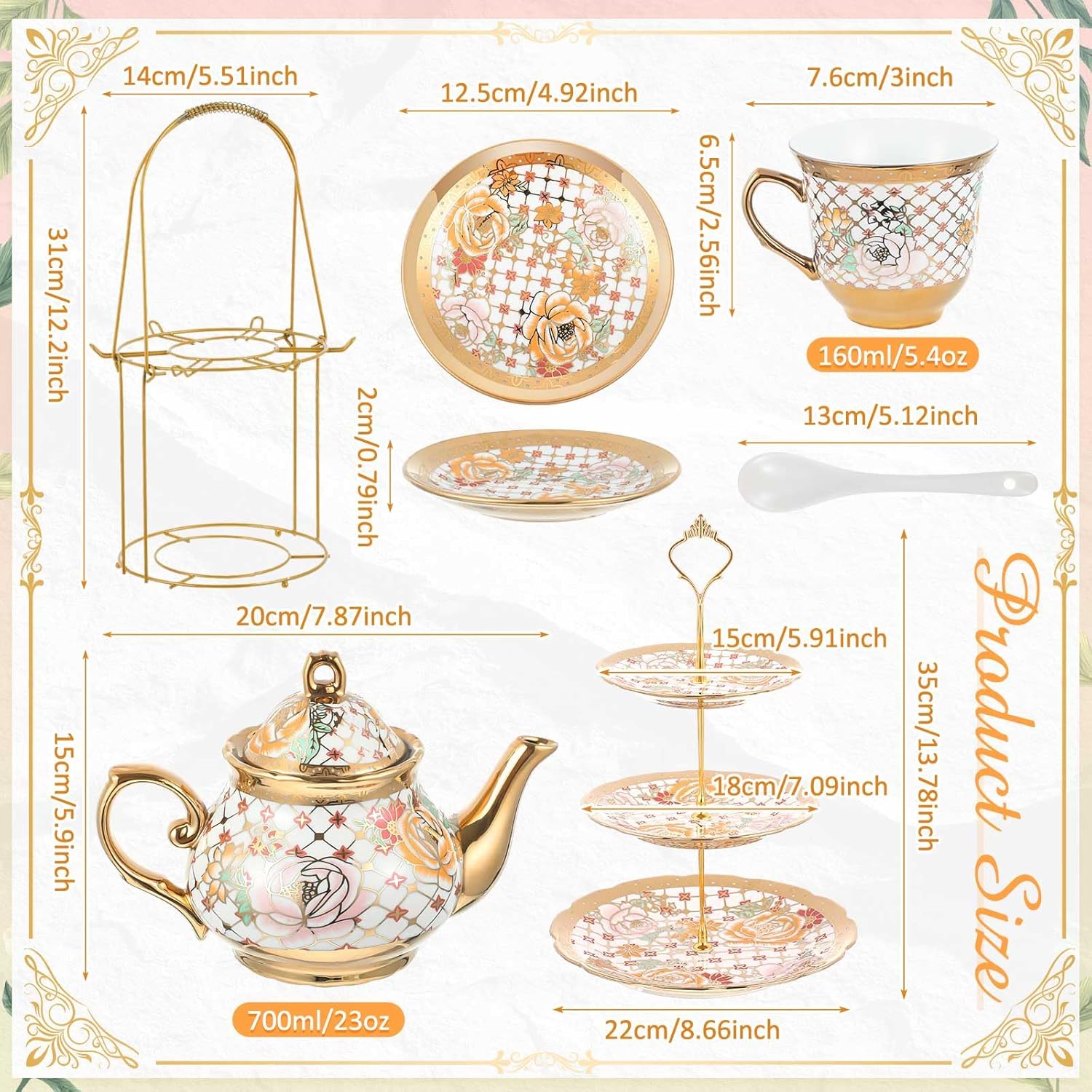 Maxcheck 21 Pcs Tea Party Set for Adults European Floral Tea Set with Metal Holder and 3 Tier Ceramic Cake Stand Porcelain Flower Cup Teapot for Dessert Cupcake(Stylish Style)