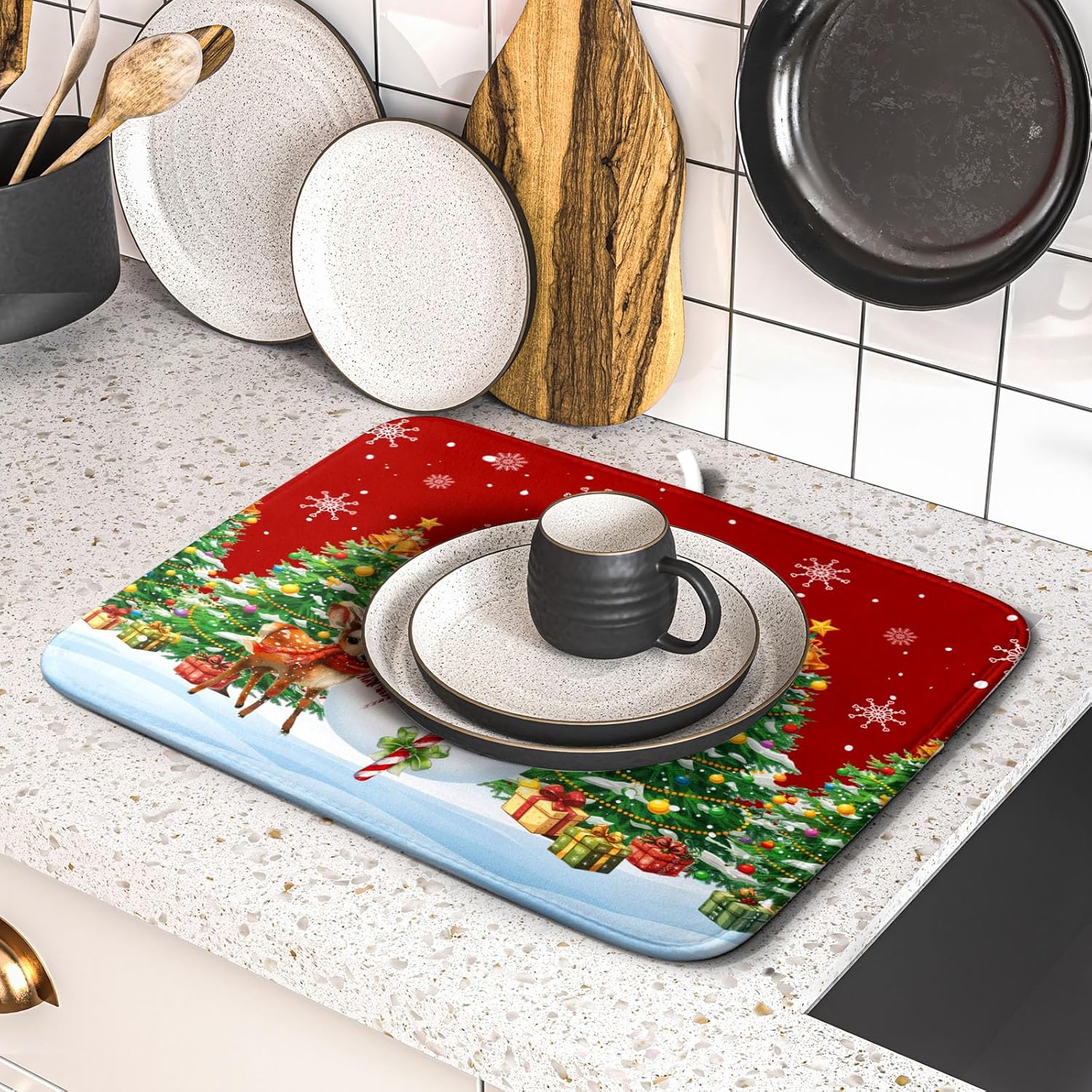 Christmas Snowman Dish Drying Mat for Kitchen Counter,Christmas Tree Winter Snowflake Red Drying Mat 16 x 18 Inch with High Absorbent Reversible Microfiber Dish Drying Pad Drainer Mat for Coffee Bar