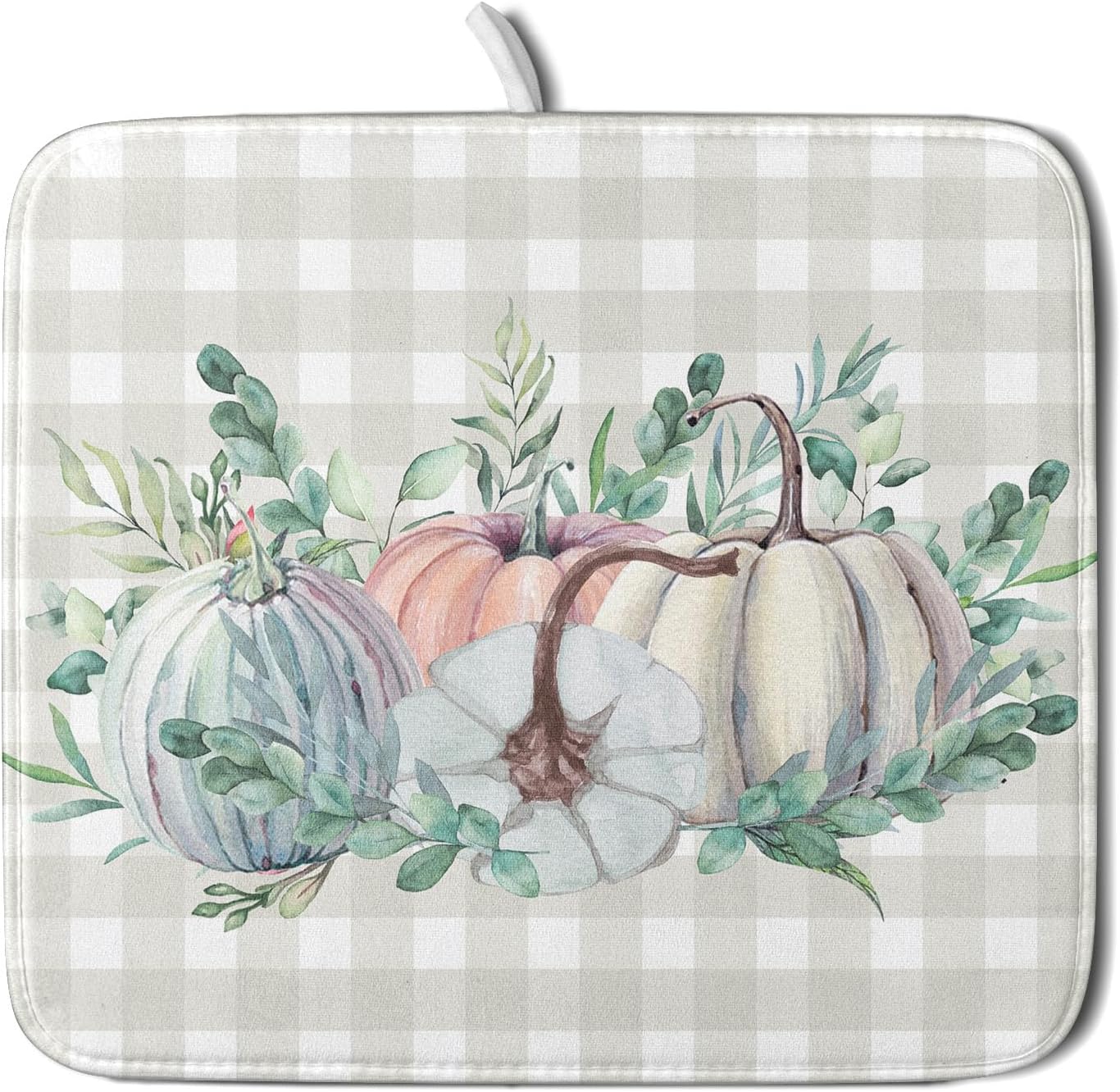 Fall Colorful Pumpkin Dish Drying Mat for Kitchen Counter,Green Leaves Drying Mat with Hanging Loop 16 x 18 Inch Microfiber Grey White Check Plaids Dish Drying Pad Dish Rack Drainer Mat for Coffee Bar