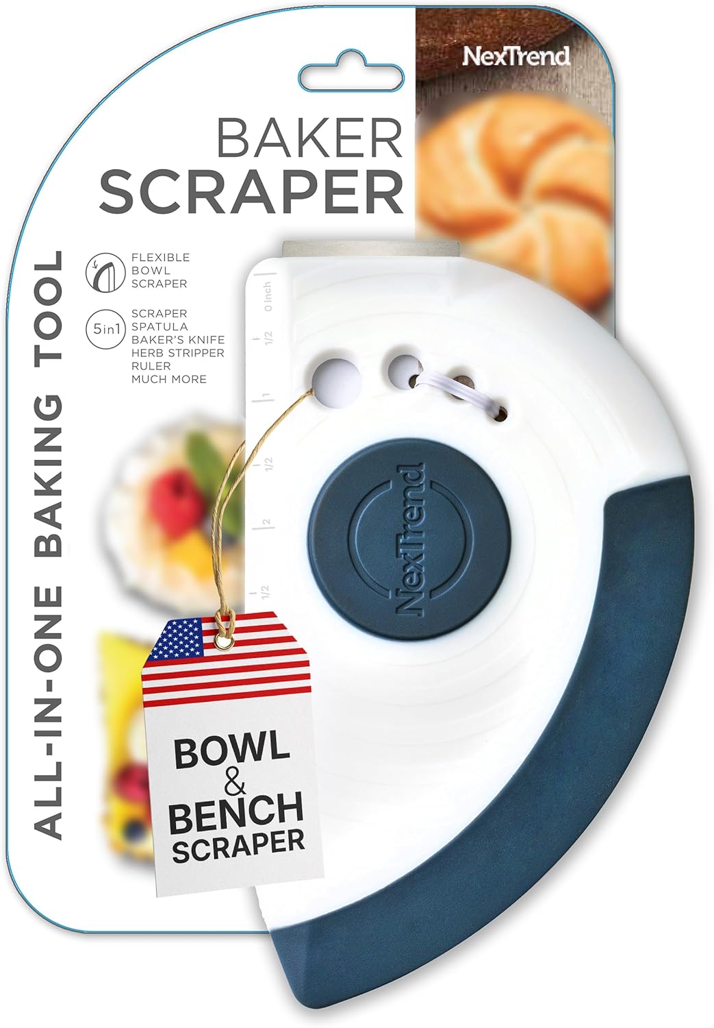 Nextrend BakerScraper – 5-in-1 Flexible Bowl Scraper, Bench Scraper and Dough Scraper with Stainless Steel Edge, Ruler & Herb Stripper – BPA Free, Dishwasher Safe - Blue
