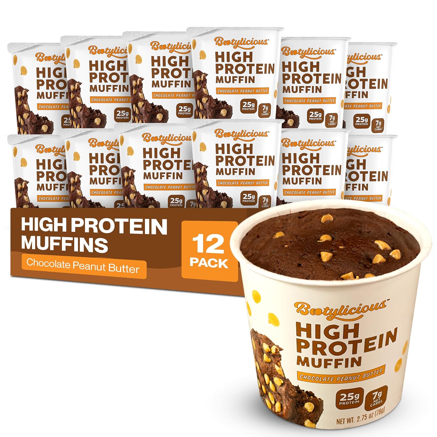 Bootylicious | High-Protein Muffin | 25g Protein, 7g Net Carbs, 2.32-2.75oz Cup, 12-Pack (Chocolate Peanut Butter)