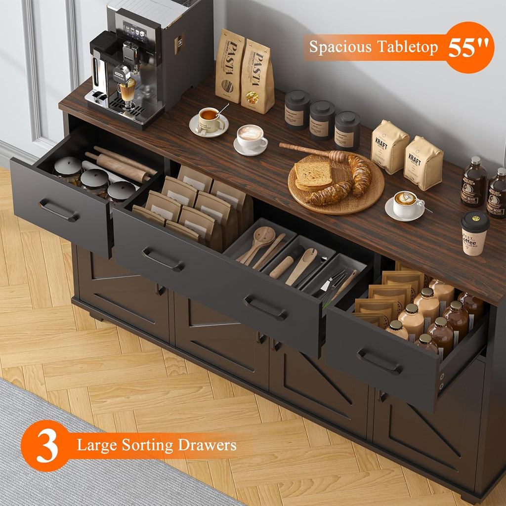 55" Sideboard Buffet Cabinet with Storage, Coffee Bar Cabinet with 3 Drawers and 4 Barn Doors, Long Storage Cabinet Modern Farmhouse, Black Wood, for Kitchen, Dining Room, Living Room