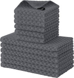 Fintale 100% Cotton Kitchen Towels and Dishcloths Set, 12 x 12 & 15 x 25 Inches, Set of 12 Bulk Super Soft and Absorbent Terry Cloth Dish Towels, Quick Drying Hand Towels with Hanging Loop, Dark Grey