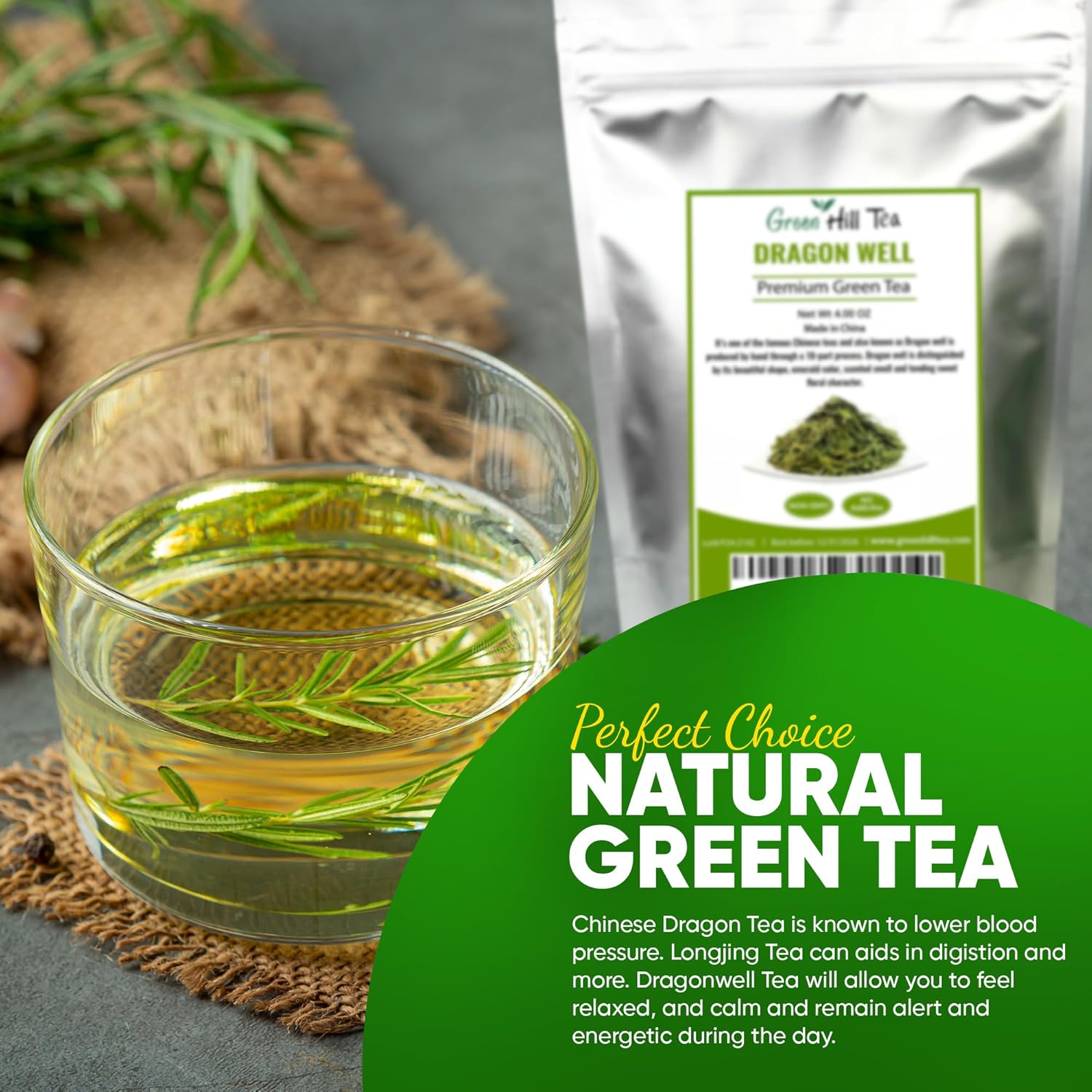 Greenhilltea Dragon Well green tea, a classic Chinese Green tea distinguished by its color, shape and taste- 4 OZ Bag
