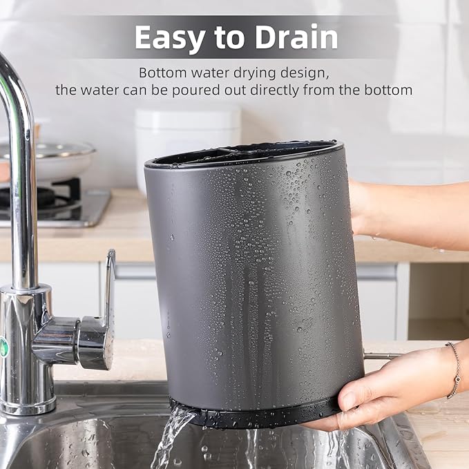 Kitchen Utensil Holder Extra Large 360°Rotating For Counter Organizer Stainless Steel Storage Cooking Silverware Caddy 3 Compartment Flatware Spoon Spatula Tool Cutlery Container(Grey)