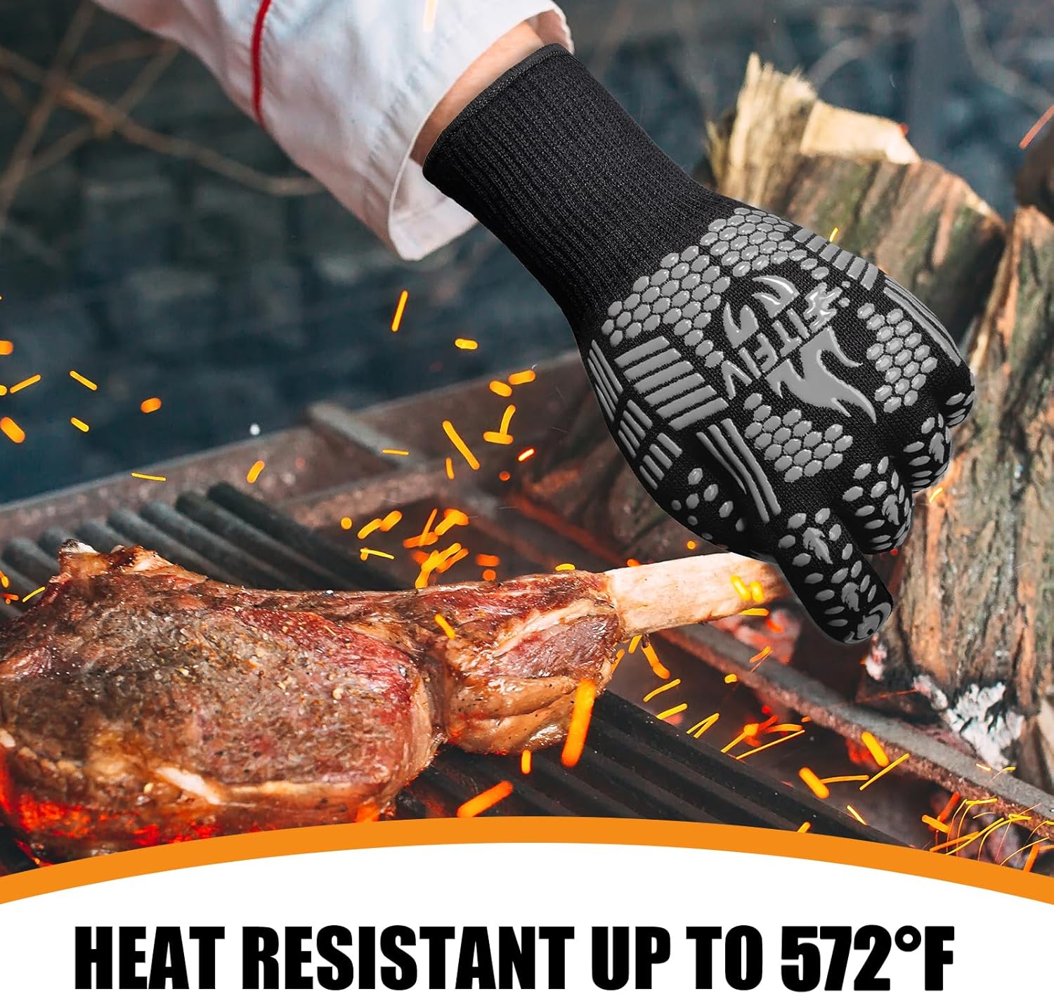 BBQ Gloves, Oven Gloves, Extreme Heat Resistant Barbecue Gloves, Silicone Non-Slip Oven Mitts, Kitchen Gloves for Cooking, Grilling, and Baking (Gray)