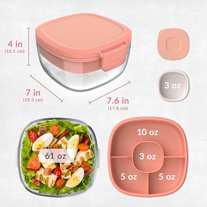 Bentgo Glass All-in-One Salad Container - Large 61-oz Salad Bowl with Lid, 4-Compartment Bento-Style Tray, 3-oz Sauce Container, and Reusable Fork - Dishwasher, Microwave, and Oven Safe (Coral)