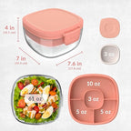 Bentgo Glass All-in-One Salad Container - Large 61-oz Salad Bowl with Lid, 4-Compartment Bento-Style Tray, 3-oz Sauce Container, and Reusable Fork - Dishwasher, Microwave, and Oven Safe (Coral)