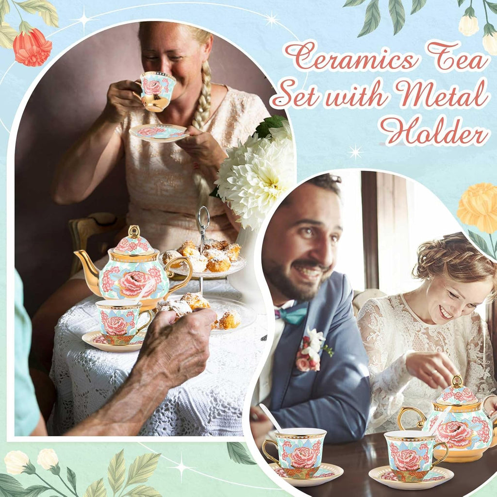 Zhehao 20 Pcs Porcelain Tea Set with Metal Holder and Spoon Adult Ceramic Tea Party Set European Flower Painting Teapot Cup Saucer Spoon Set for Women, Large Version(Vintage Style)