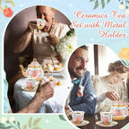 Zhehao 20 Pcs Porcelain Tea Set with Metal Holder and Spoon Adult Ceramic Tea Party Set European Flower Painting Teapot Cup Saucer Spoon Set for Women, Large Version(Vintage Style)