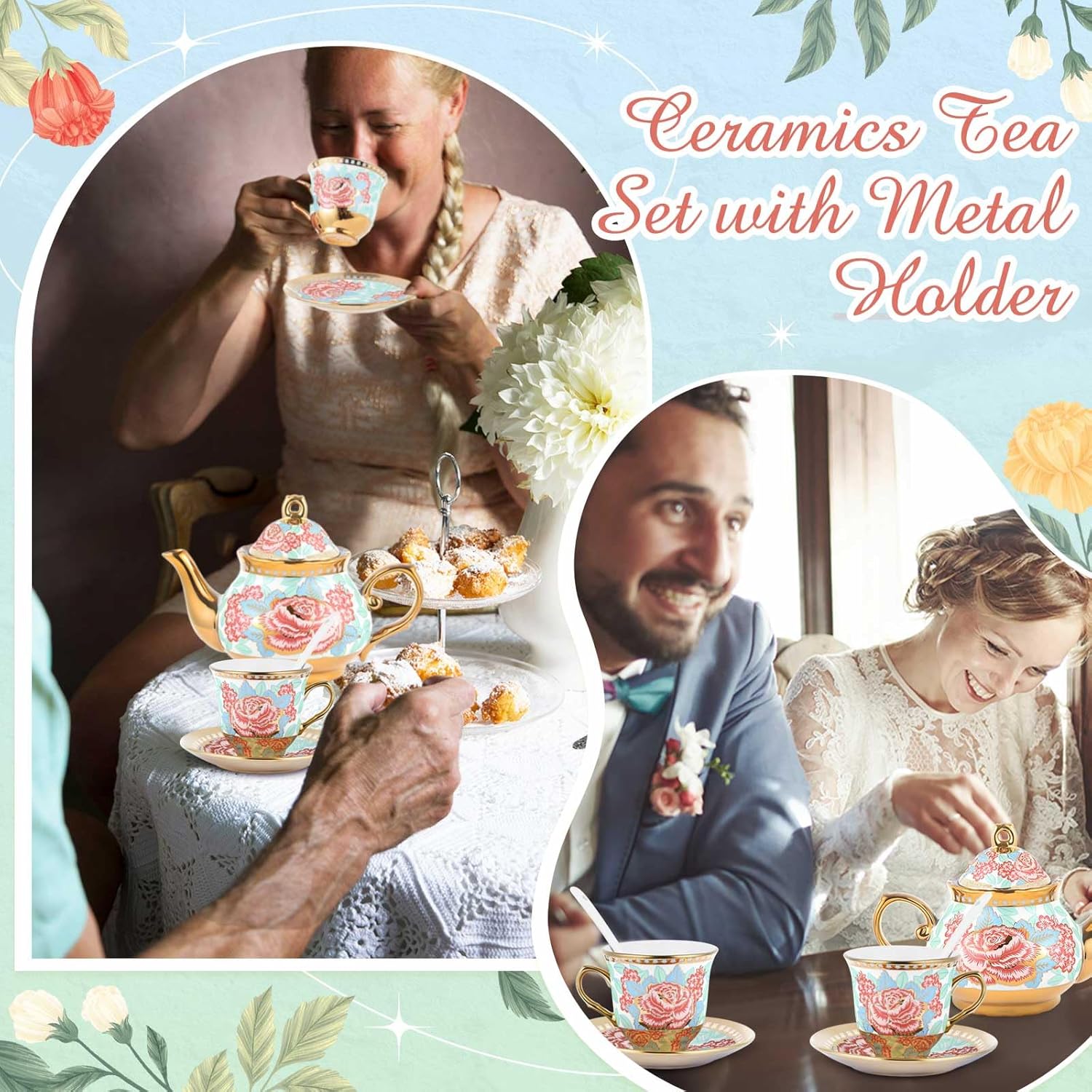 Zhehao 20 Pcs Porcelain Tea Set with Metal Holder and Spoon Adult Ceramic Tea Party Set European Flower Painting Teapot Cup Saucer Spoon Set for Women, Large Version(Vintage Style)