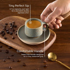 KooK Espresso Mug and Saucer Set, Ceramic Cups and Plates with Rustic Organic Shape and Feathered Texture, Dishwasher and Microwave Safe, 2.7 oz, Set of 4, Neutral Multicolor