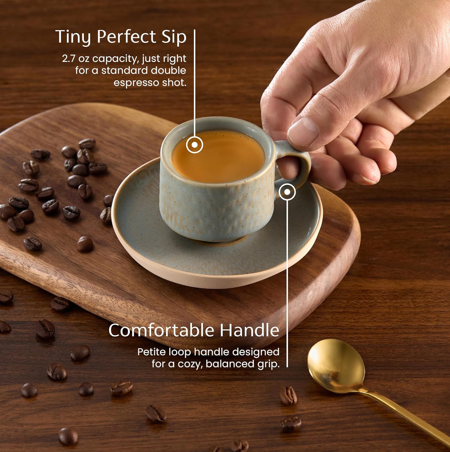 KooK Espresso Mug and Saucer Set, Ceramic Cups and Plates with Rustic Organic Shape and Feathered Texture, Dishwasher and Microwave Safe, 2.7 oz, Set of 4, Neutral Multicolor