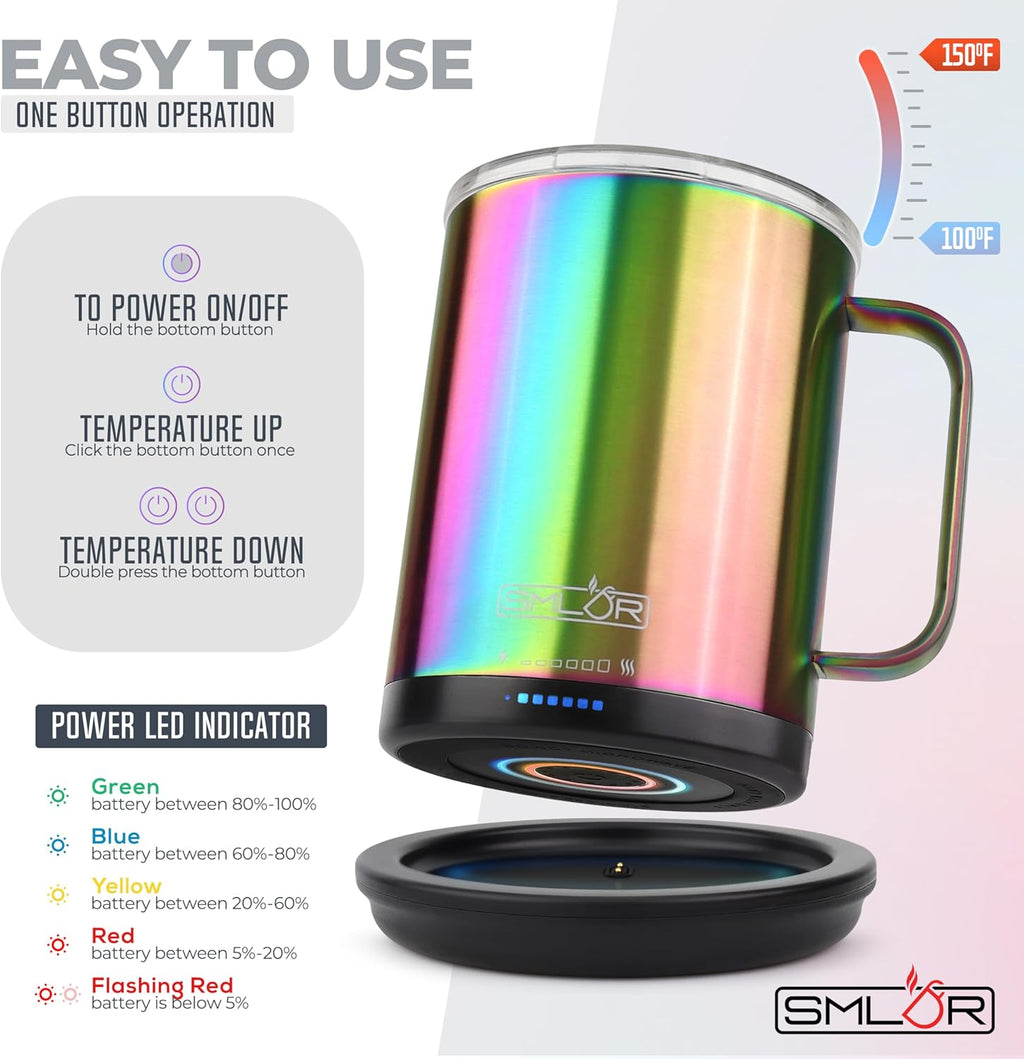 SMLDR Pro Heated Mug, 14 oz Smart Mug, Self-Heating, Adjustable Temperature, Battery Powered Heated Coffee Mug, Quick Recharge Time, Great for Coffee & Tea, Excellent Gift (Rainbow)