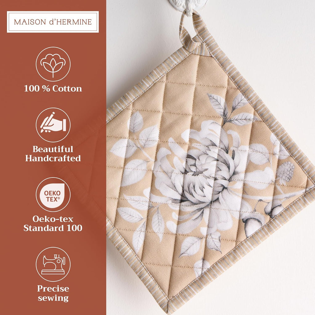Maison d' Hermine Pot Holders 100% Cotton Heat Resistant Potholders 8" x 8" Hot Pads with Loop BBQ, Cooking, Baking, Grilling, Kitchen, Handling Hot Pans (Pack of 1, Pretty Autumn)
