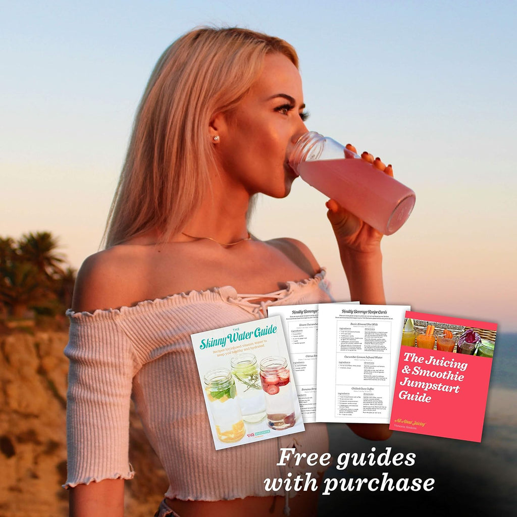 All About Juicing Clear Glass Water Bottles Set - 6 Pack Wide Mouth with Lids for Juice, Smoothies, Beverage Storage - 16 oz, Durable, Reusable, Dishwasher Safe, Leak Proof (White Caps)