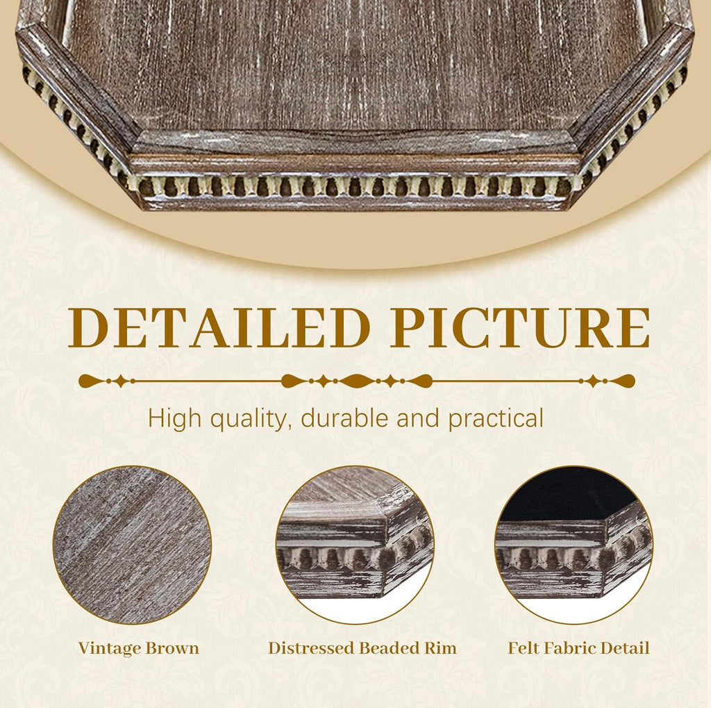 MAONAME Wood Serving Tray, Farmhouse Wooden Tray for Coffee Table, Octagonal Beaded Trays, Vintage Brown Decorative Trays for Living Room, Kitchen, 15.7" X 10.2" X 1.6"