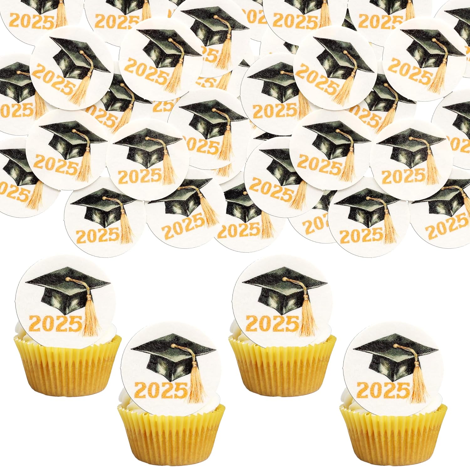 Gyufise 48Pcs Edible 2025 Graduation Cap Cupcake Toppers Wafer Paper Class of 2025 Grad Cap Cupcake Picks for 2025 Graduation Theme Party Cake Decorations Supplies Gold