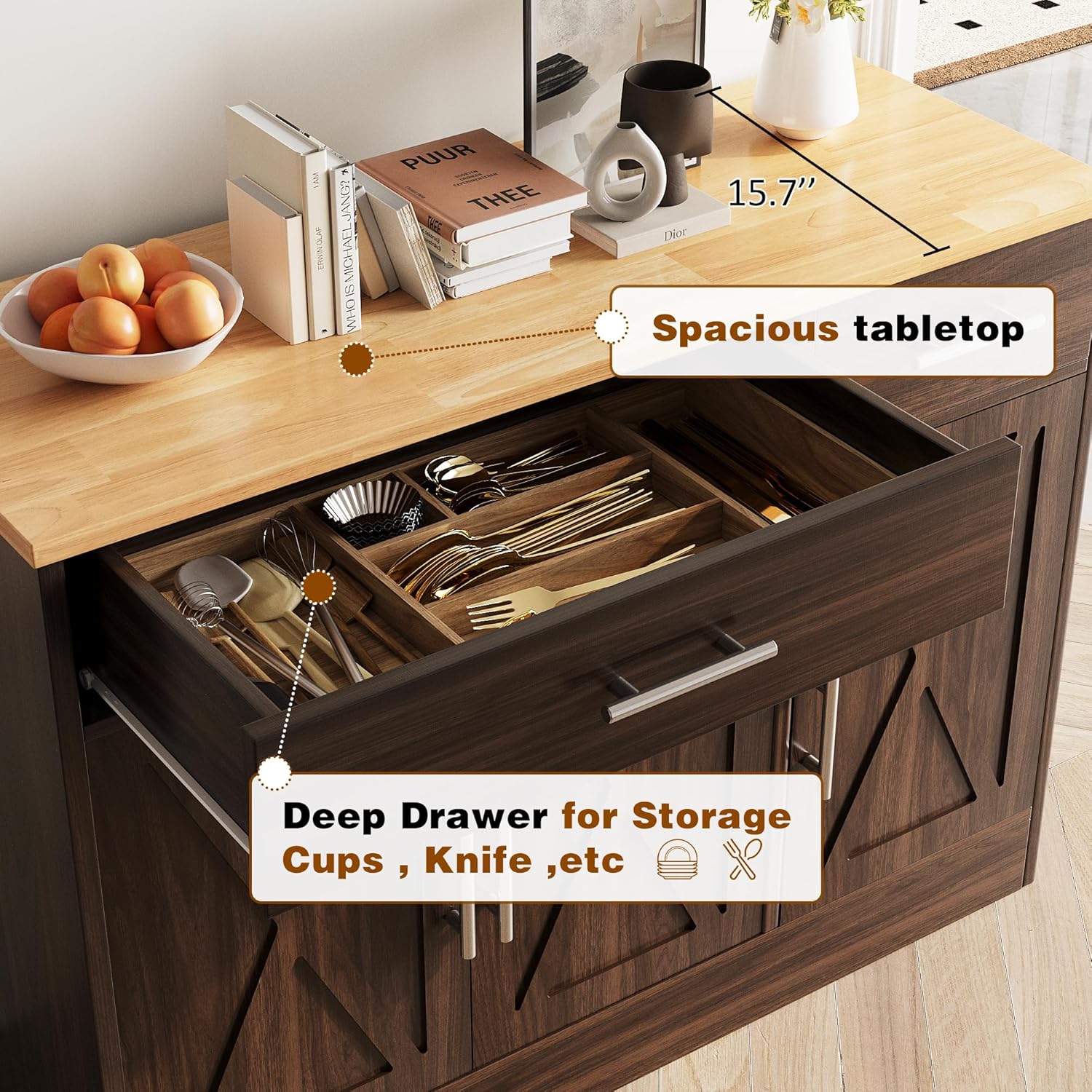 Vongrasig Sideboard Buffet Cabinet with Storage, 43” Farmhouse Coffee Bar Storage Cabinet with Drawers and Shelves, Modern Buffet Table for Kitchen, Dining Room, Rustic Brown