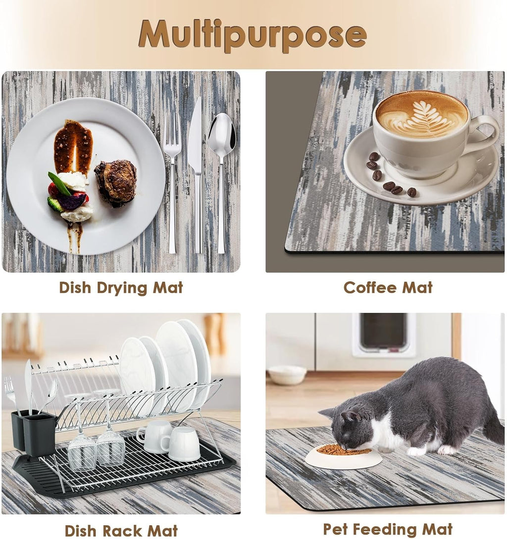 Arttown Coffee Mat for Countertops, Abstract Tan Minimalism Grey Dish Drying Mat 2 Pcs for Kitchen Bar Accessories, Fit Under Coffee Maker Espresso Machine Dish Rack Hide Stain Rubber 12x19in