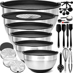 Priority Chef Stainless Steel Mixing Bowls with Lids Set - Premium 30Pcs with 6pc Metal Bowl Set for Kitchen, 3 Graters, Airtight Lids, Non-Slip Bases & Silicone Utensils, Black