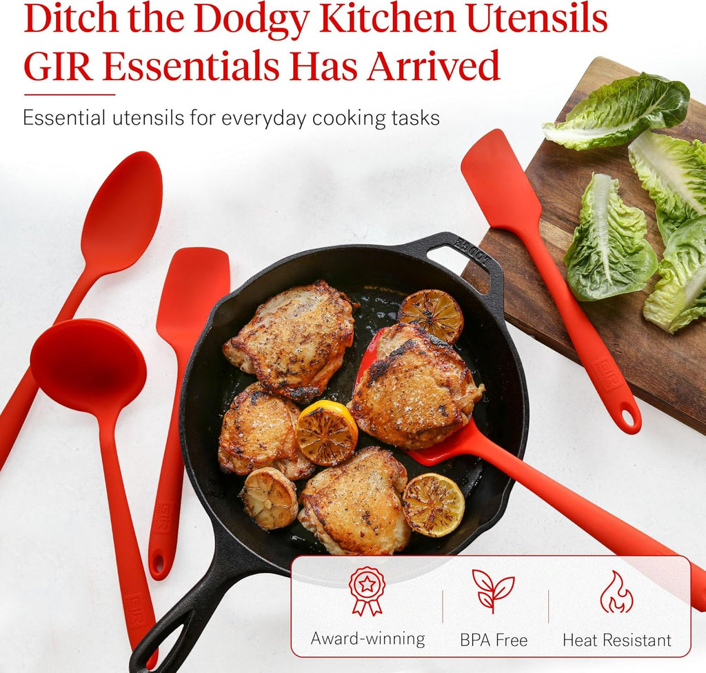 GIR: Get It Right 5-Piece Silicone Spatula & Utensil Set - Medium Fire Red - Kitchen Essentials with Heat-Resistant Non-Stick Tools - Dishwasher-Friendly