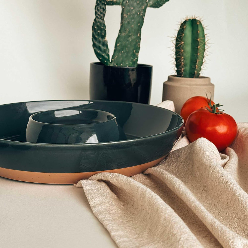 Mora Ceramic Chips and Dip Serving Tray: Large Divided Party Bowl Set for Chips & Salsa, Veggies & Dip, Fruit, Snacks, Entertaining, Hosting, etc. Minimalist Design for the Modern Hostess - Charcoal