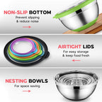 Colorful Mixing Bowl Set of 6 for Kitchen, Large Stainless Steel Metal Nesting Mixing Bowls with Airtight Lids, Non Slip - Size 1, 1.5, 2, 2.6, 3.5, 7QT