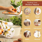 Maison d' Hermine Pot Holders set 100% Cotton Heat Resistant Potholders 8" x 8" Hot Pads with Loop BBQ, Cooking, Baking, Grilling, Kitchen, Handling Hot Pans (Pack of 2, Pumpkin Garden - Cloudy Cream)