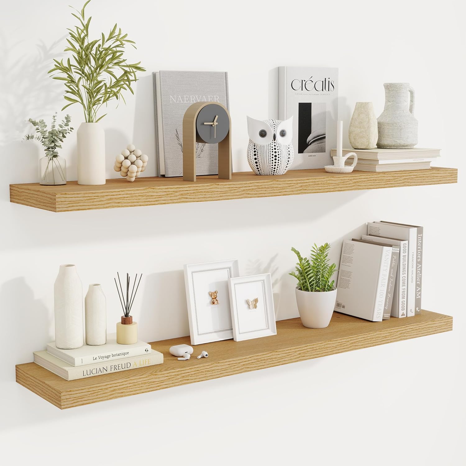 Fun Memories 48 Inch Deep Floating Shelves for Wall, 2 Pack of Long Wall Mounted Wood Shelves with Invisible Brackets for Bathroom, Bedroom, Living Room, Kitchen Decor and Storage, Oak