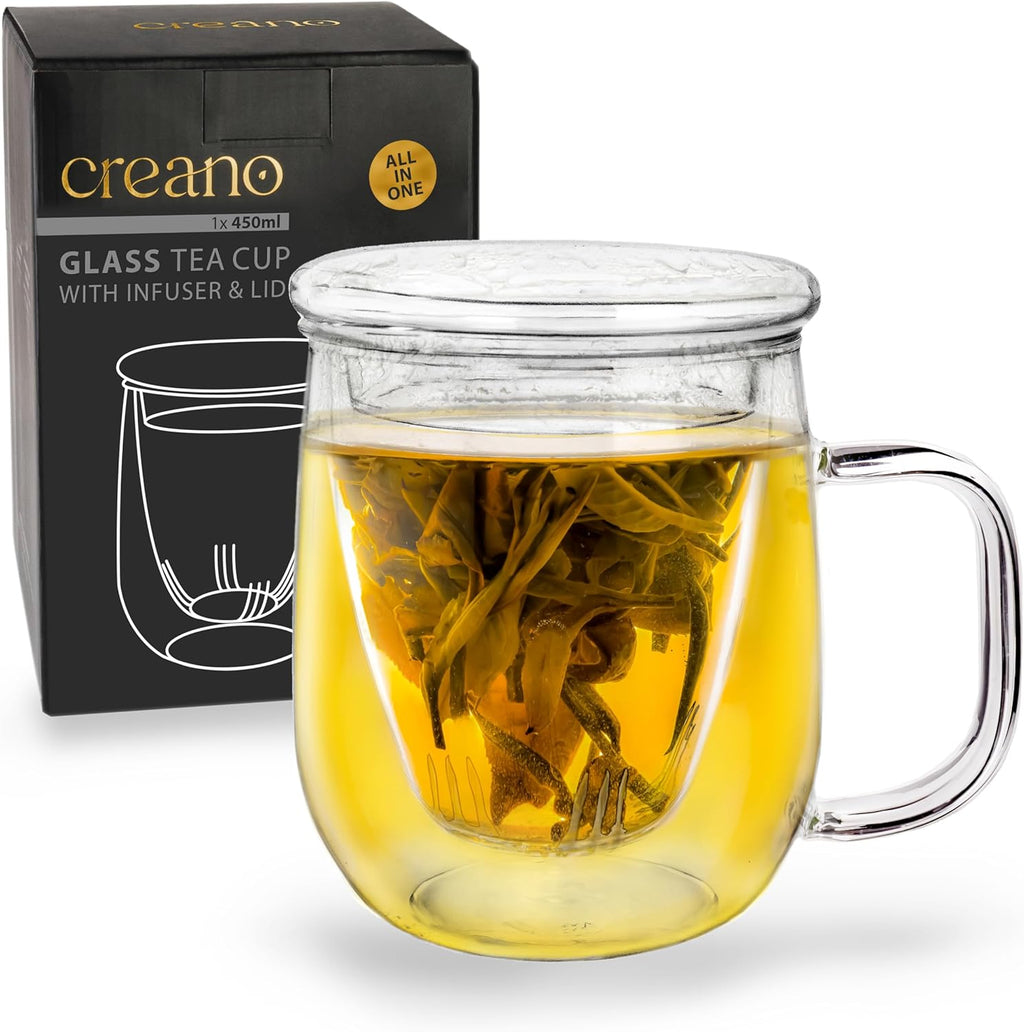 Creano Tea Glass 450 ml – Large Tea Cup with Strainer and Glass Lid – An ideal Tea Maker