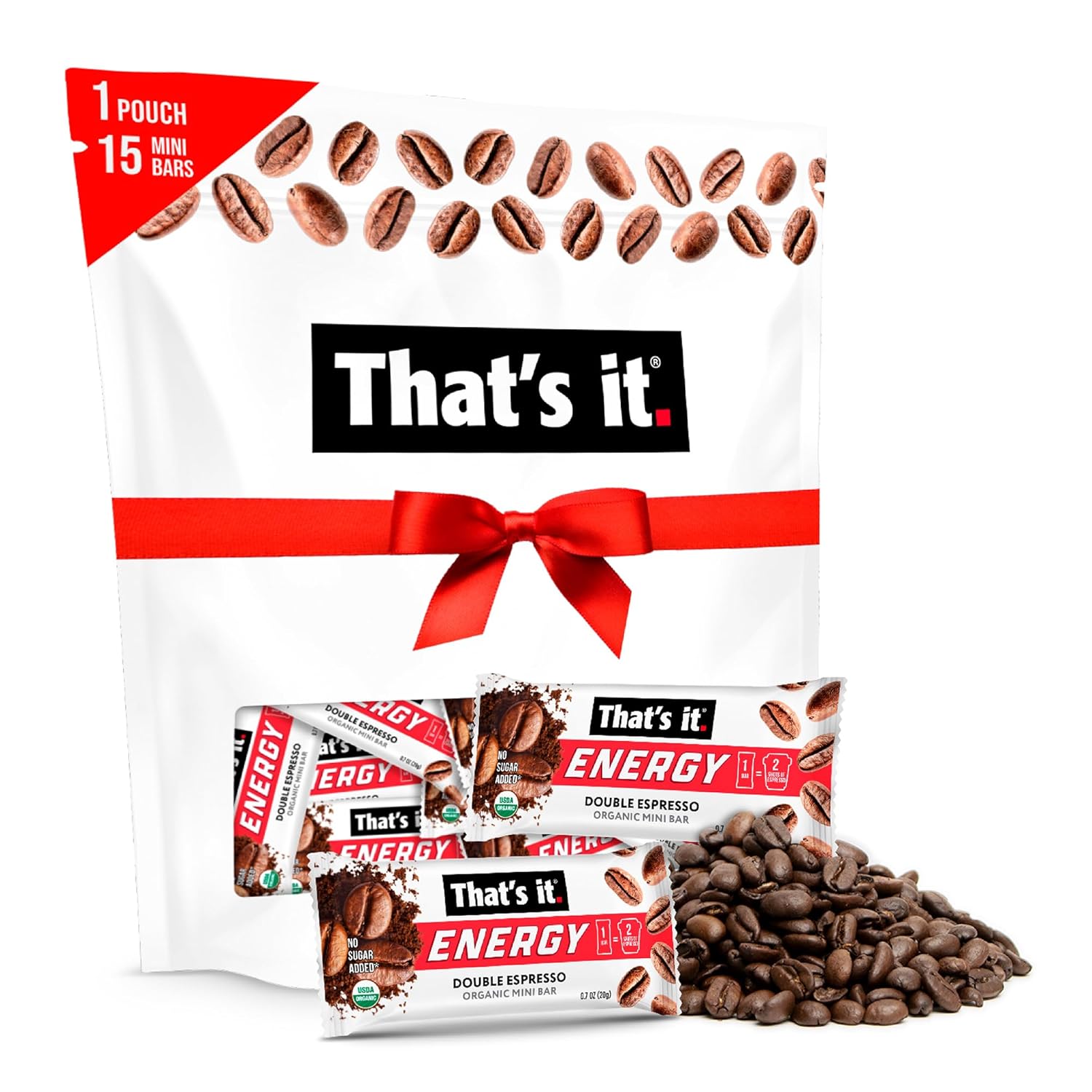 That’s it. Organic Energy Coffee Mini Bars - (1 Mini Bar = 2 Espresso Shots) Grab and Go, No Added Sugars, Non-GMO, Caffeine Power Snack, Kosher, Allergy Friendly (Double Espresso - 15 Count)