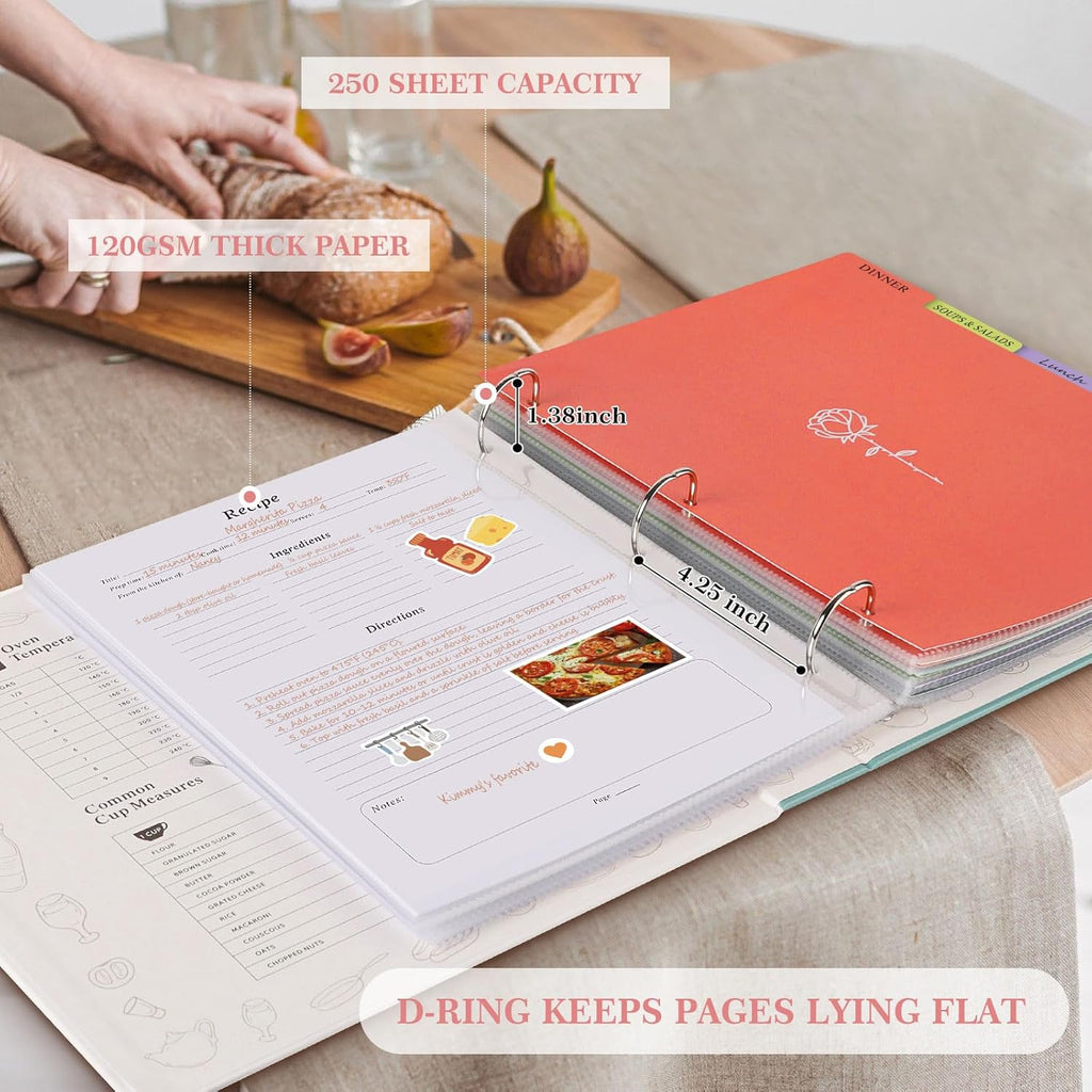 Lanpn Recipe Binder 8.5x11 3 Ring Kit, Blank Organizer Recipe Binder Waterproof Cookbook to Write in Your Own Recipes with 60 Plastic Sleeves,116 Recipes, Dividers,Labels & Stickers, Pink