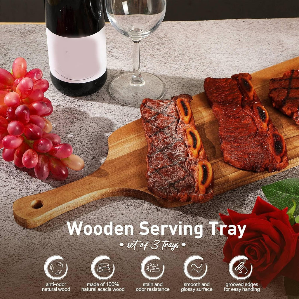 Kathfly 3 Pcs Acacia Wood Cutting Board with Handle Wooden Laser Kitchen Serving Charcuterie Board for Vegetables Meat Pizza Cheese Fruit Bread(24 x 7 Inch)
