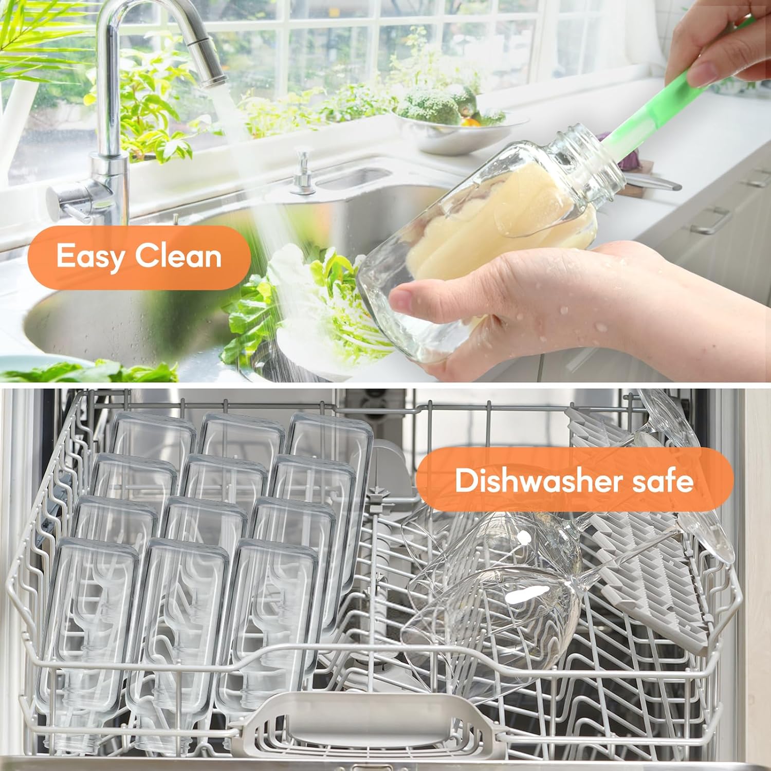 STARSIDE 16 oz Glass Juice Bottles with Lids 6 Pack - Square Reusable Drinking Jars for Juicing, Milk, Kombucha - Includes 1 Bottle Brush, 6 Colored Labels