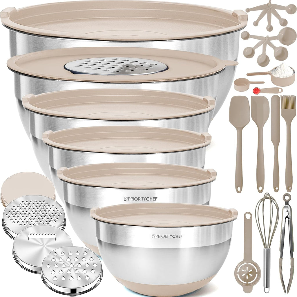 Priority Chef Stainless Steel Mixing Bowls with Lids Set - Premium 30Pcs with 6pc Metal Bowl Set for Kitchen, 3 Graters, Airtight Lids, Non-Slip Bases & Silicone Utensils, Khaki