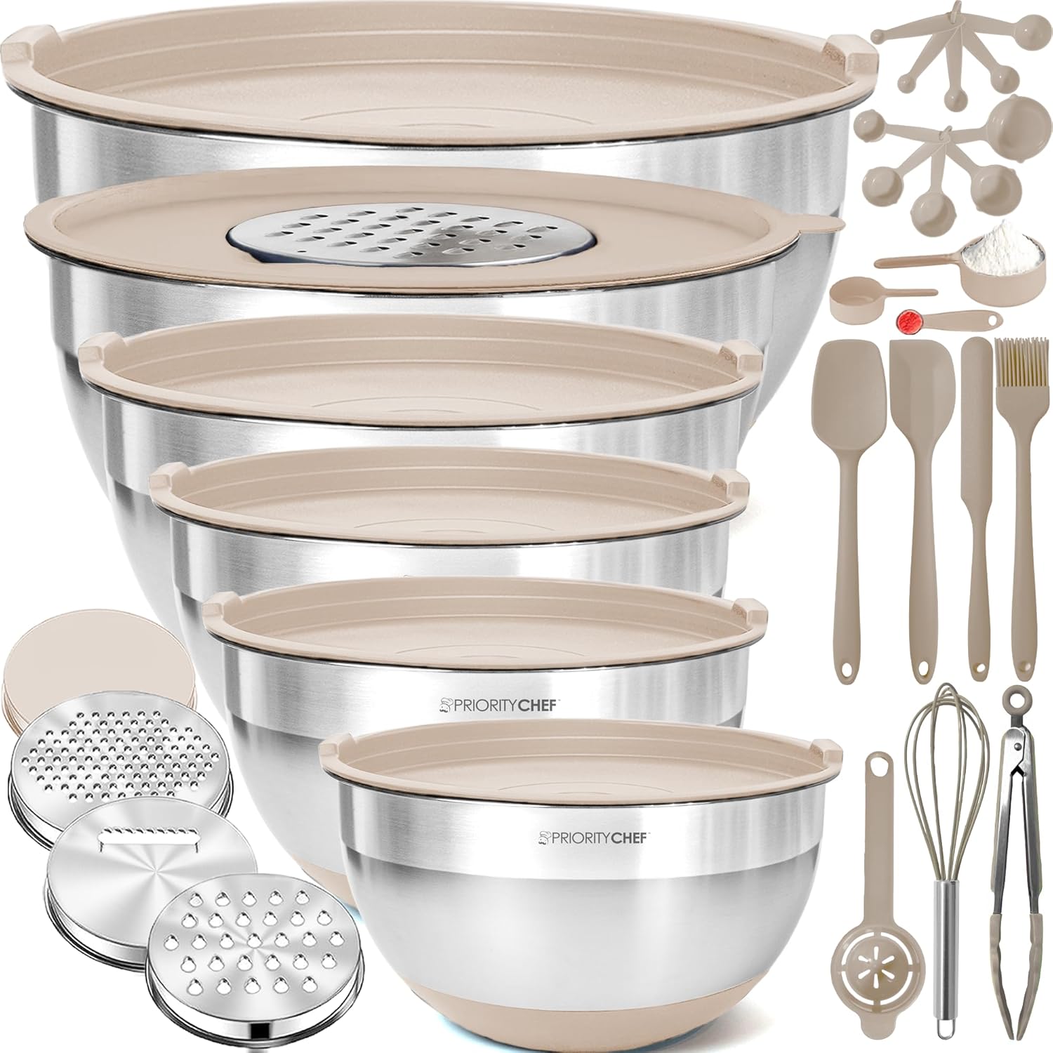 Priority Chef Stainless Steel Mixing Bowls with Lids Set - Premium 30Pcs with 6pc Metal Bowl Set for Kitchen, 3 Graters, Airtight Lids, Non-Slip Bases & Silicone Utensils, Khaki