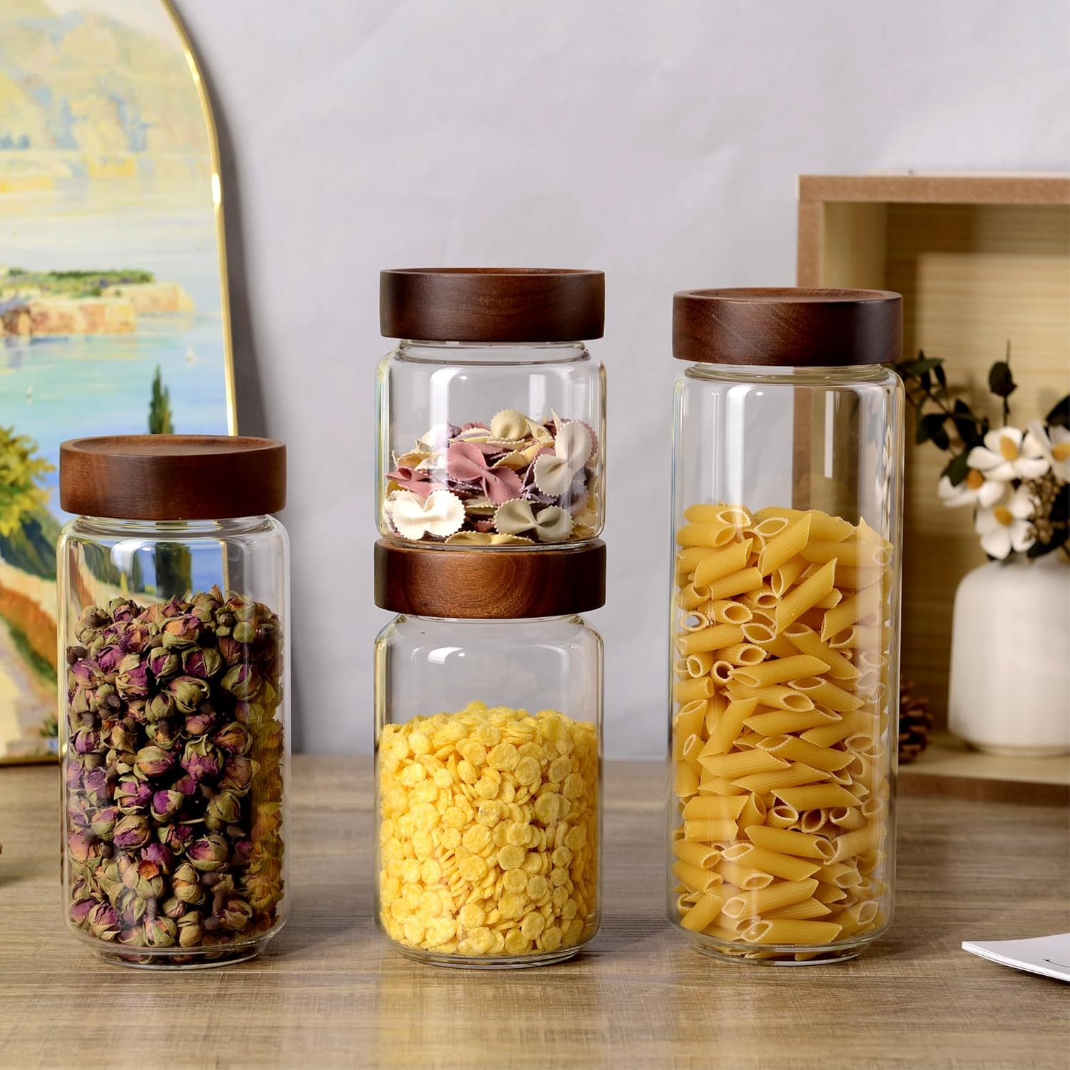 40 oz/1200 ml Glass Jar with Airtight Wooden Screw Top Lid, Clear Stackable Food Storage Canister, Large Tall Decorative Glass Container for Coffee, Candy, Cookie, Sugar, Oatmeal, Salt, Pasta