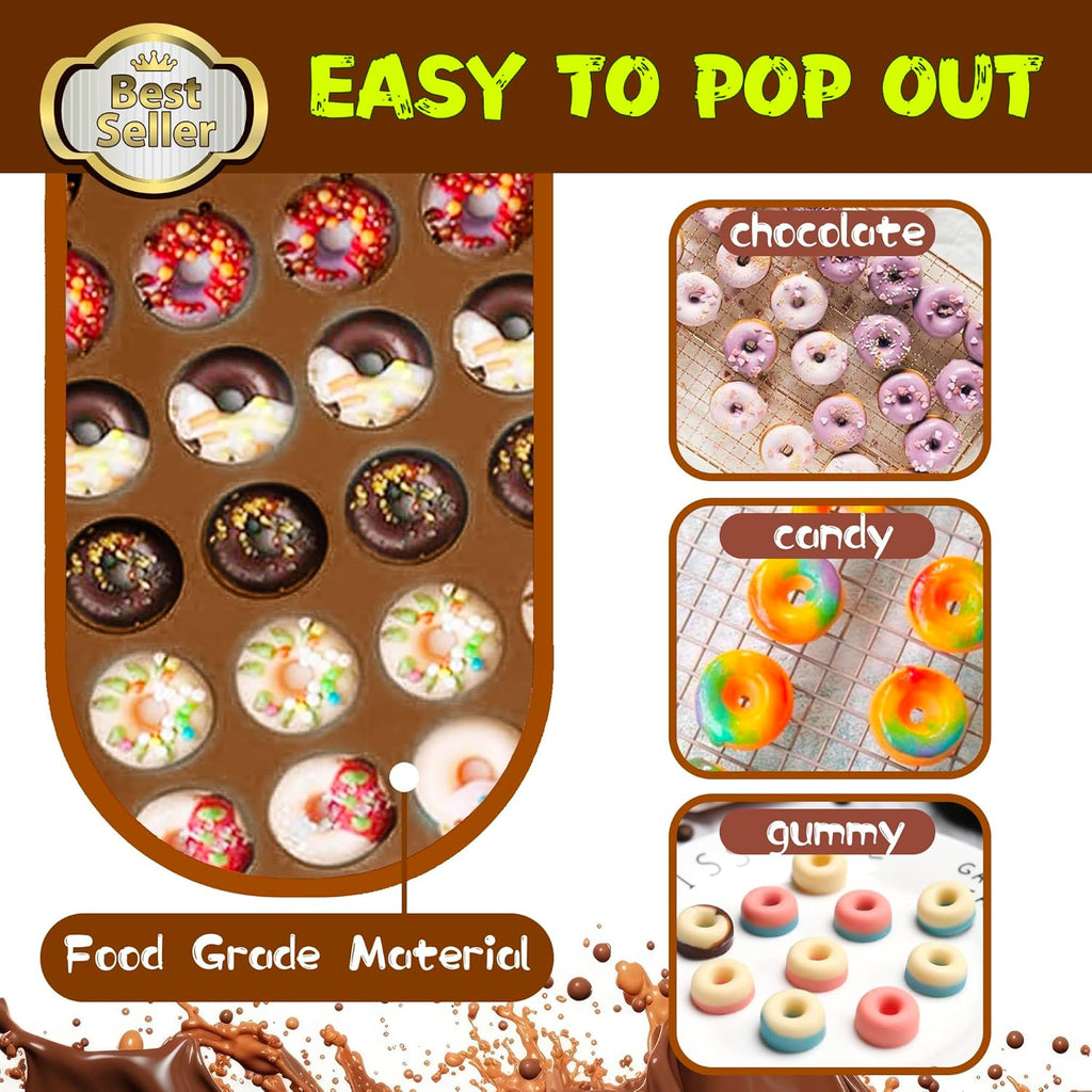 Donut Silicone Chocolate Molds, Mini Donut Pan Mold Gummy Candy Mold for Caramels Chocolate Ice Cube Jelly Truffles Pralines Ganache - 4 Pack