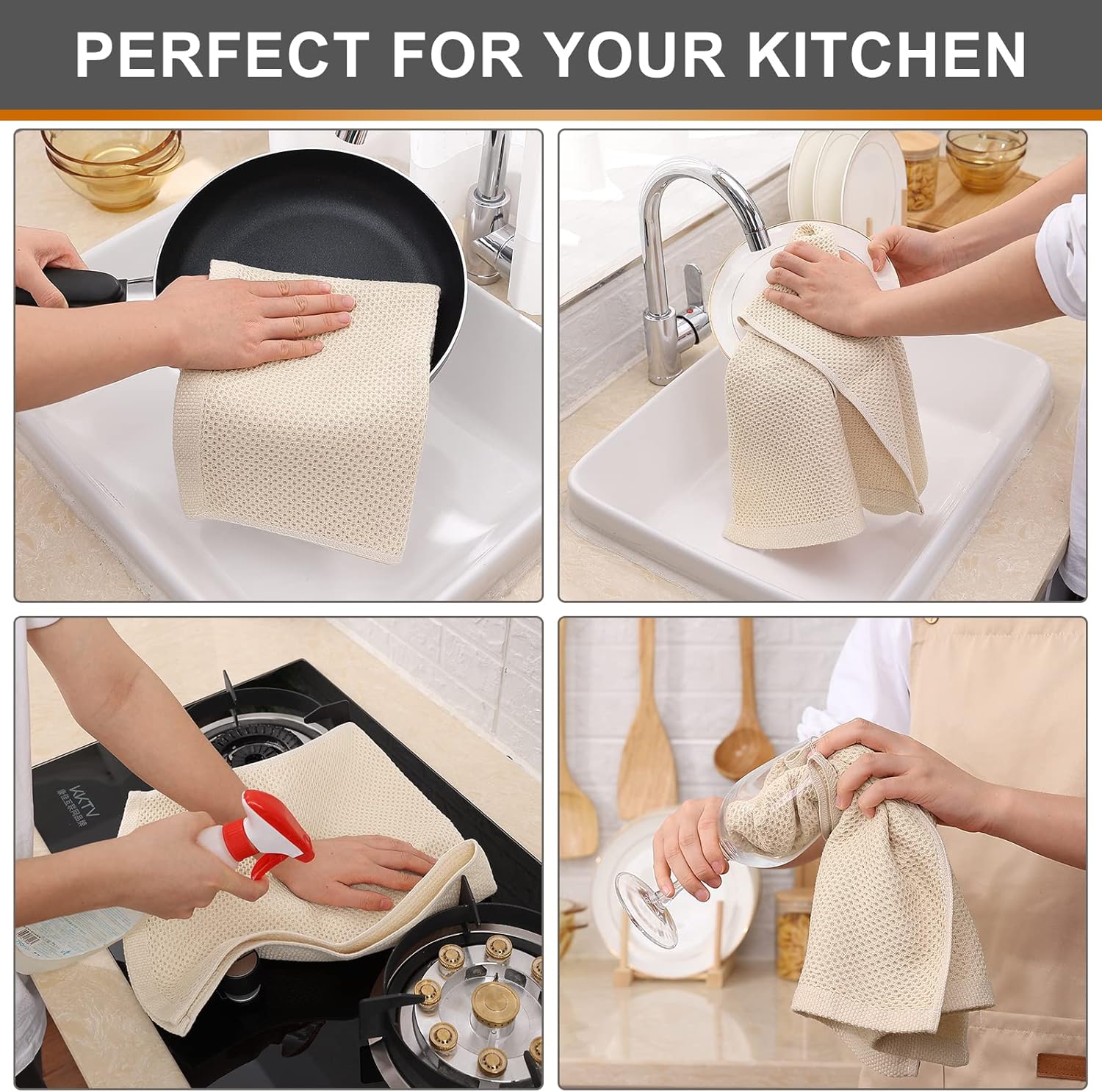 Kitinjoy 100% Cotton Waffle Weave Kitchen Towels, 4-Pack Super Soft and Absorbent Dish Towels for Drying Dishes, Kitchen Hand Towels, 13 in x 28 in, Beige