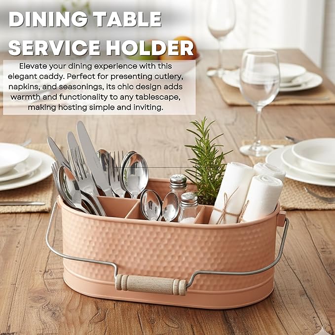 Alpha Living Home Metal Utensil Caddy - 4-Compartment Silverware, Flatware, Cutlery Holder with Handle - Kitchen Organizer for Countertop, Buffet, Picnic, BBQ, Farmhouse(Peach)