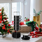 Sweejar Ceramic Espresso Cups Set of 6, Espresso Cup Stackable, 4 Oz Stackable Cappuccino Cups with Saucers and Metal Stand for Coffee Drinks, Americano, Latte, Tea (Black)