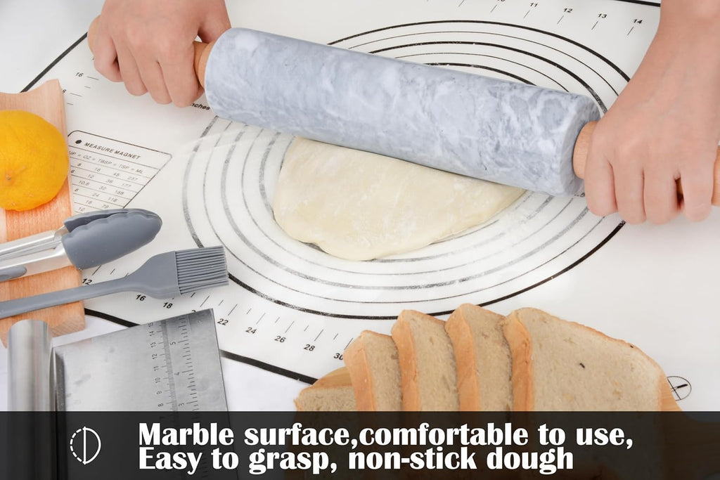Marble Rolling Pin Set with Silicone Pastry Mat,Pastry Brush,Cooking Tongs,Stainless Steel Scraper18.5 inch Polished Non-Stick Roller for Pizza Dough,Fondant,Pie Crust(Gray White)