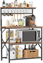 Furologee Kitchen Bakers Rack with Hutch,Coffee Stand with Storage 4 Tiers,Coffee Bar Station with a 31.5 Inch Larger Desktop and 8 S Hooks,Kitchen Microwave Rack for Spices,Pots,Rustic Brown